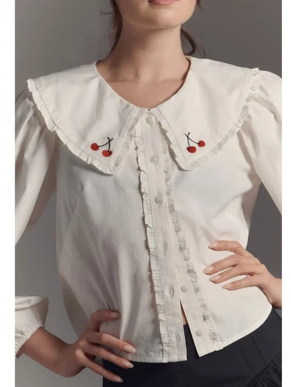 Anthropologie Maeve Long-Sleeve Sailor Collared Ruffle-Front Blouse White M